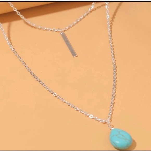 - Layered Silver Bar Necklace with Turquoise Pendant - Picture 2 of 3